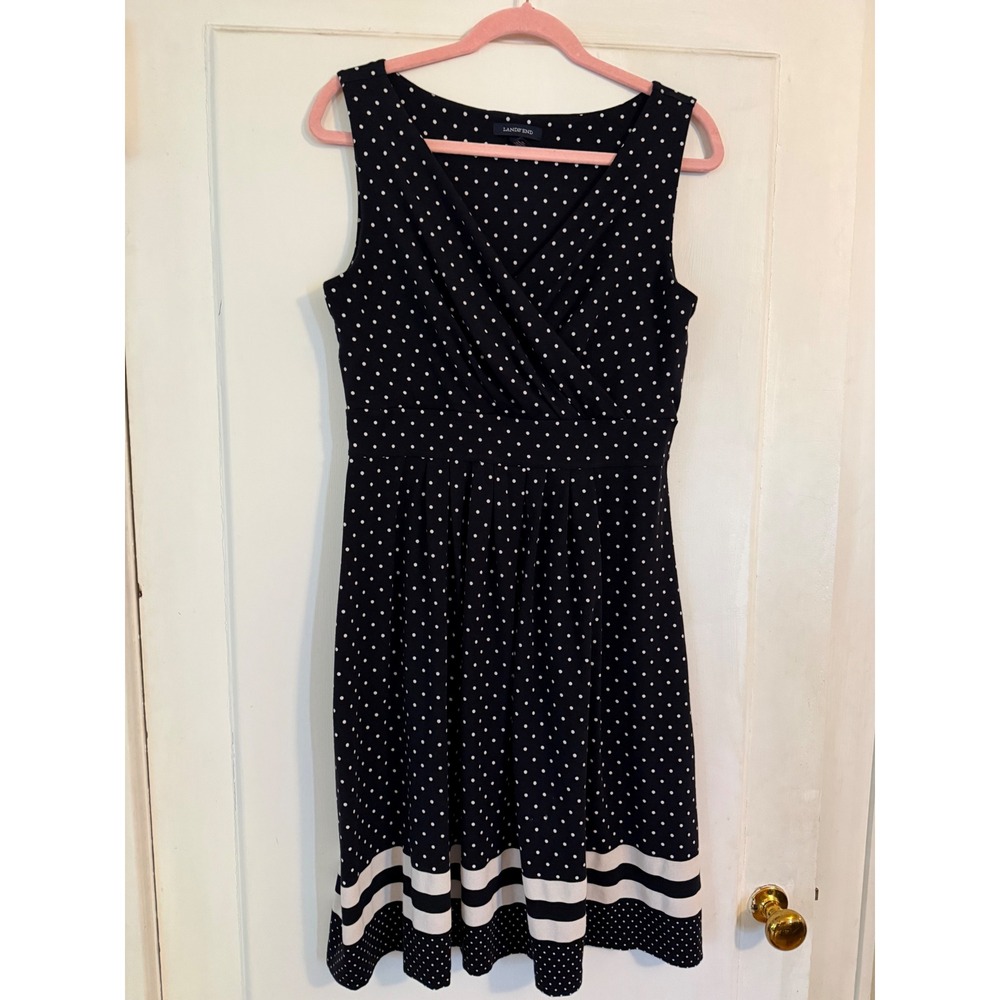Lands End Navy Blue Polka Dot Faux Wrap Sleeveless Pima Cotton Dress Womens M 1